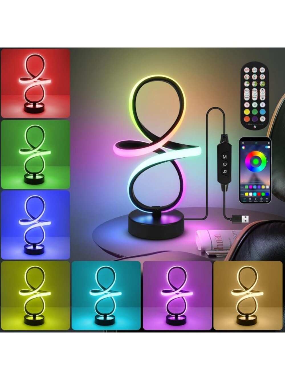 Modern RGB Dimmable Table Lamp with Remote & APP, 7 Colors, Spiral Design for